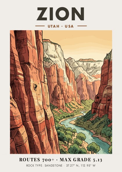 Poster of Zion National Park in Utah featuring a climber on sandstone cliffs.