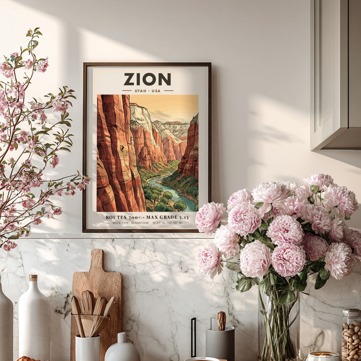 Poster of Zion National Park in Utah featuring a climber on sandstone cliffs.