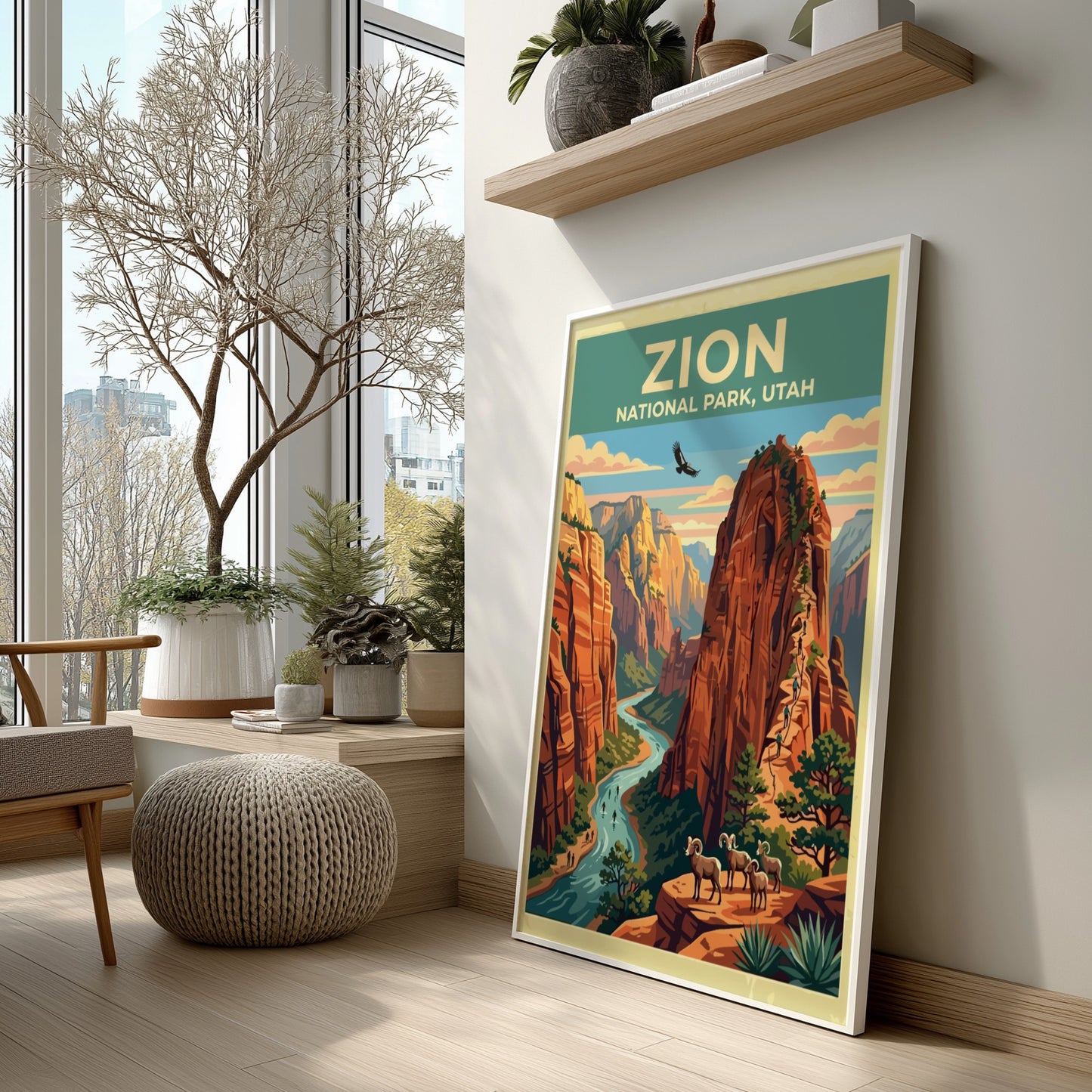 Travel poster of Zion National Park with red cliffs, a river, and bighorn sheep.