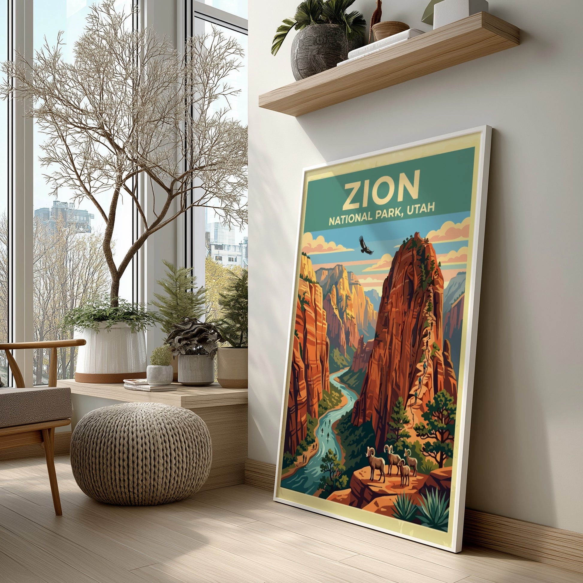 Travel poster of Zion National Park with red cliffs, a river, and bighorn sheep.