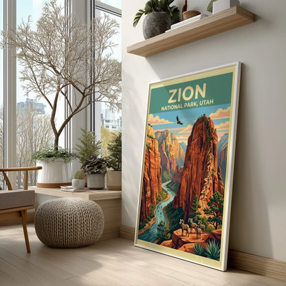 Travel poster of Zion National Park with red cliffs, a river, and bighorn sheep.