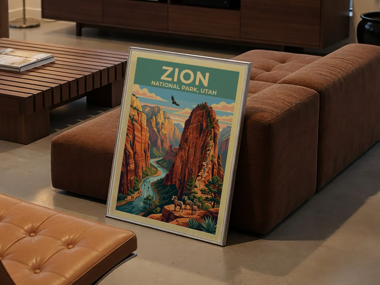 Travel poster of Zion National Park with red cliffs, a river, and bighorn sheep.