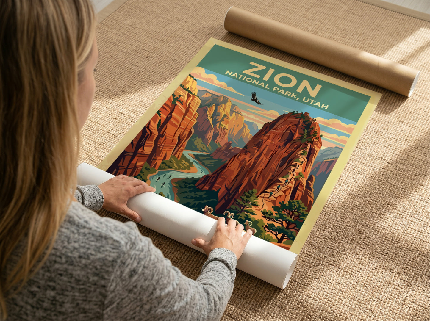 Travel poster of Zion National Park with red cliffs, a river, and bighorn sheep.