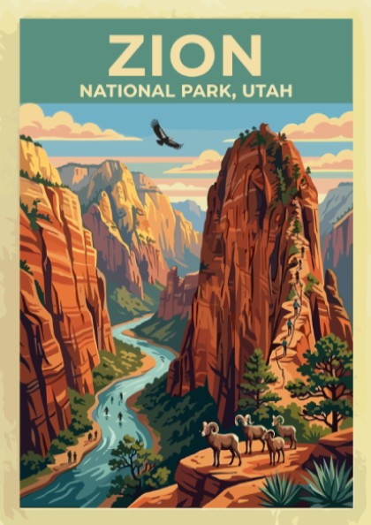 Travel poster of Zion National Park with red cliffs, a river, and bighorn sheep.