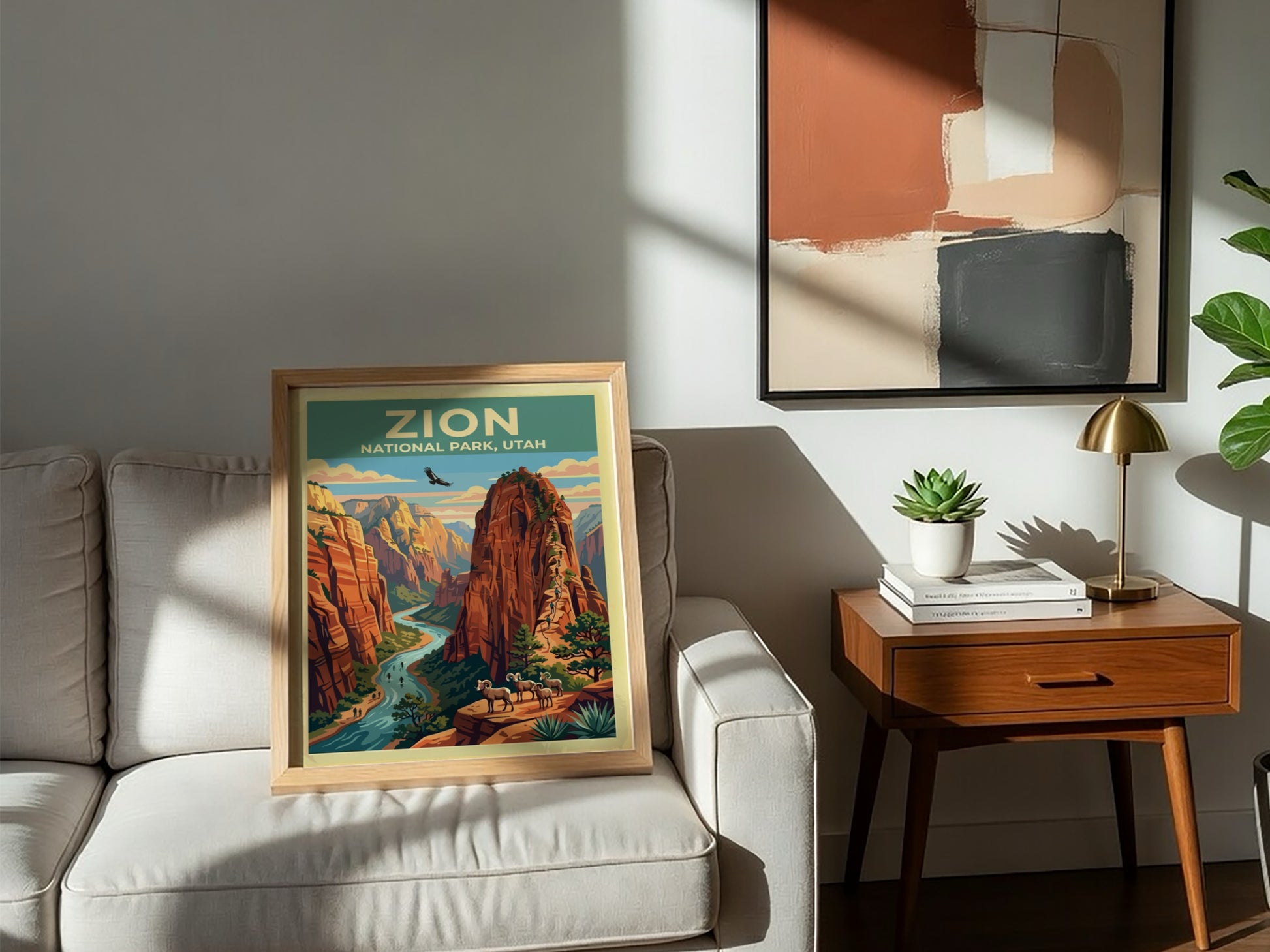 Travel poster of Zion National Park with red cliffs, a river, and bighorn sheep.