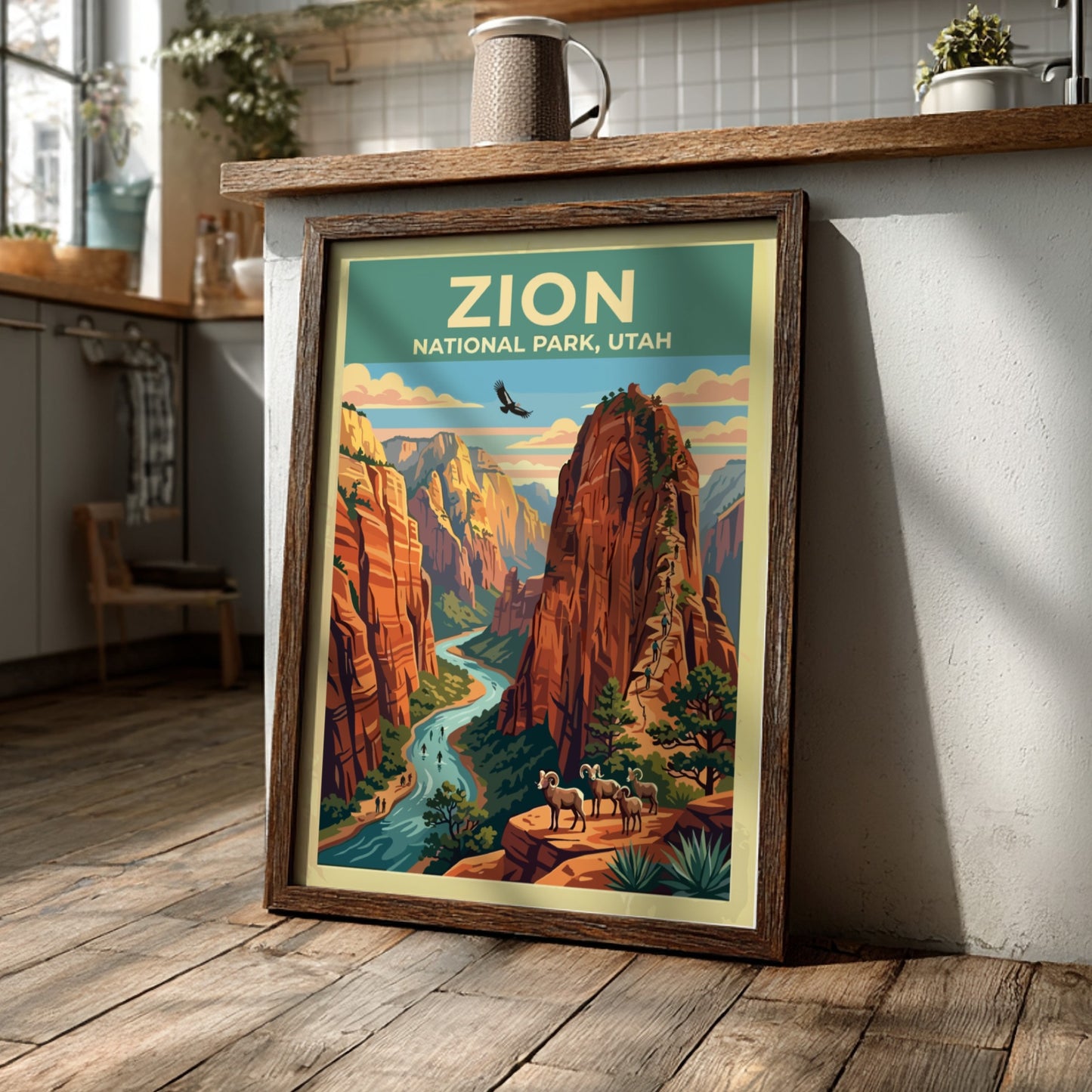 Travel poster of Zion National Park with red cliffs, a river, and bighorn sheep.