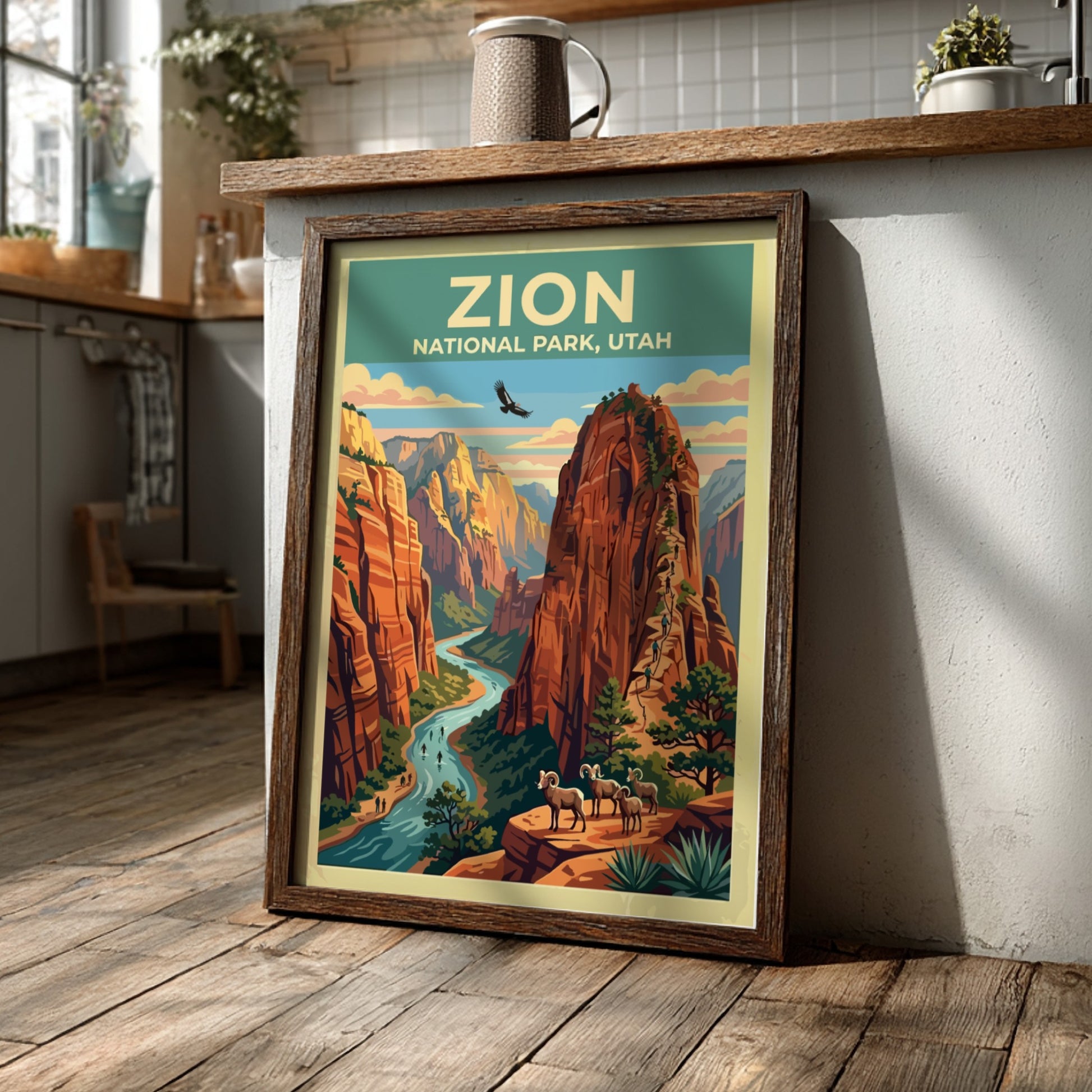 Travel poster of Zion National Park with red cliffs, a river, and bighorn sheep.