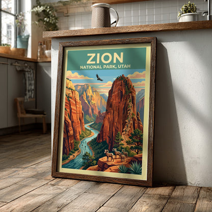 Travel poster of Zion National Park with red cliffs, a river, and bighorn sheep.
