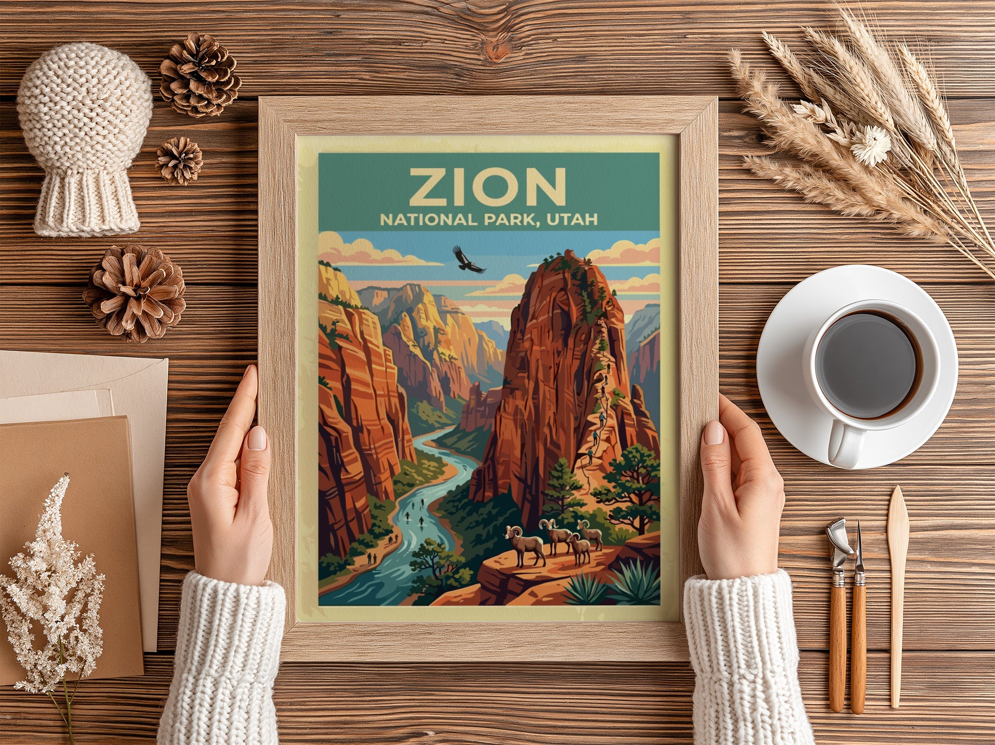 Travel poster of Zion National Park with red cliffs, a river, and bighorn sheep.