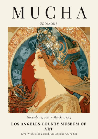 Zodiaque Alphonse Mucha poster featuring intricate Art Nouveau design with soft colors