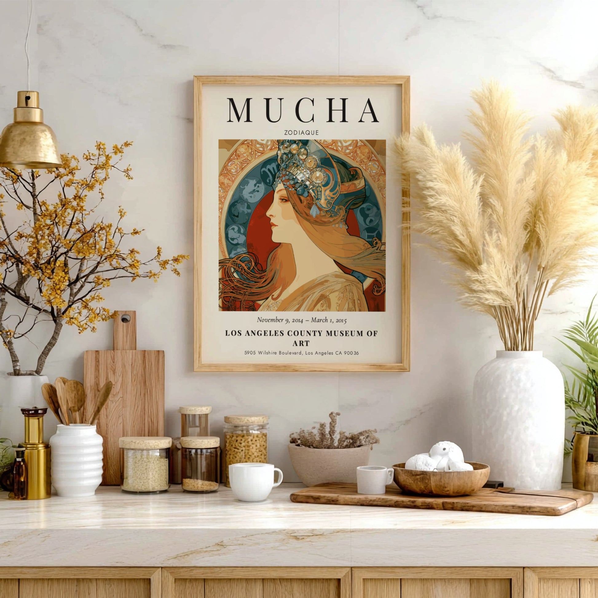 Zodiaque Alphonse Mucha poster featuring intricate Art Nouveau design with soft colors
