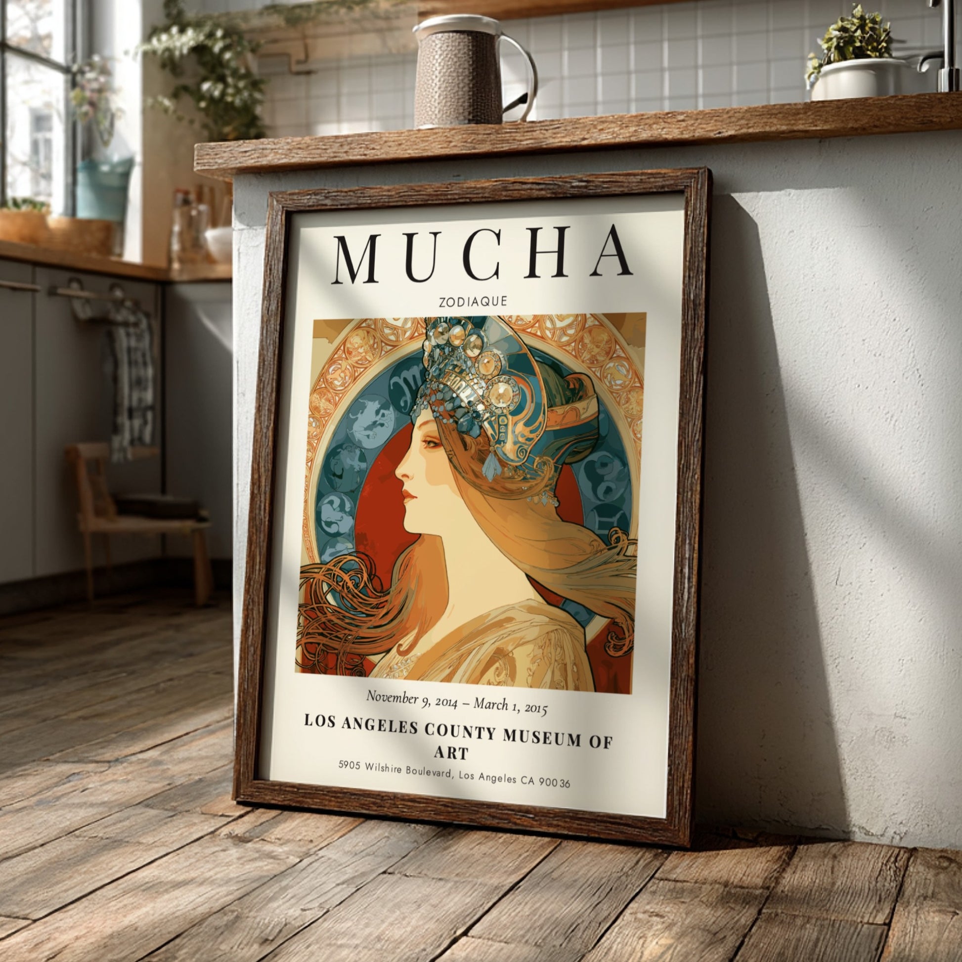 Zodiaque Alphonse Mucha poster featuring intricate Art Nouveau design with soft colors