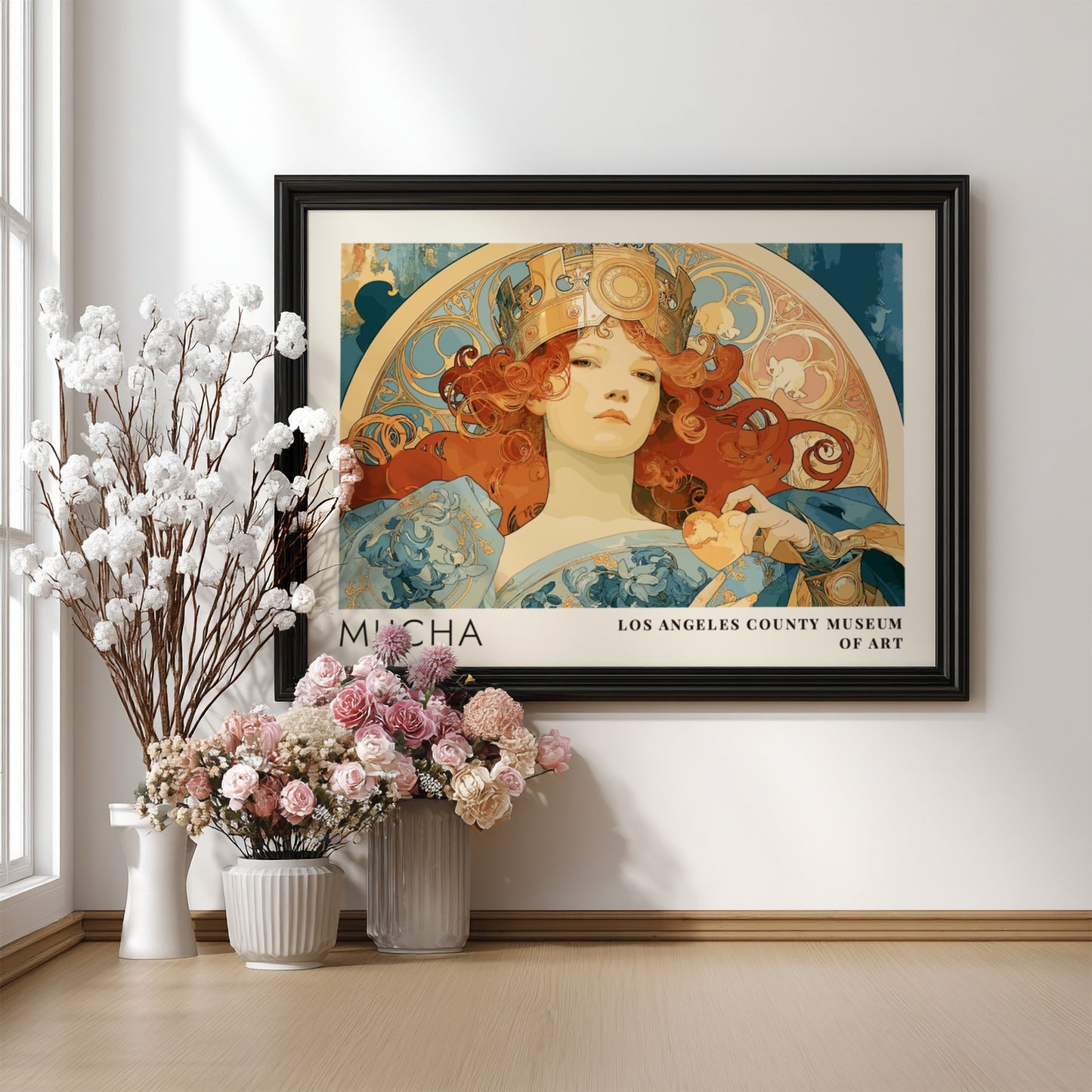 Alphonse Mucha Zodiaque poster featuring a crowned woman in an elegant Art Nouveau style.
