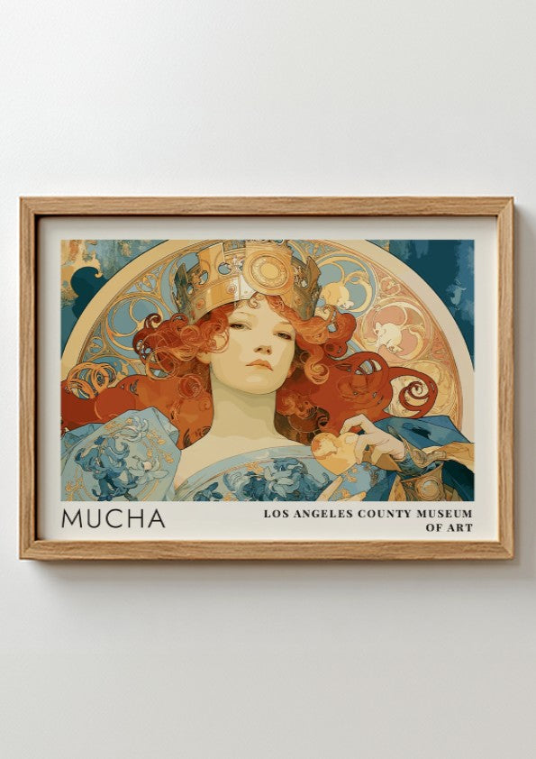 Alphonse Mucha Zodiaque poster featuring a crowned woman in an elegant Art Nouveau style.