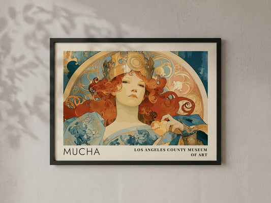 Alphonse Mucha Zodiaque poster featuring a crowned woman in an elegant Art Nouveau style.