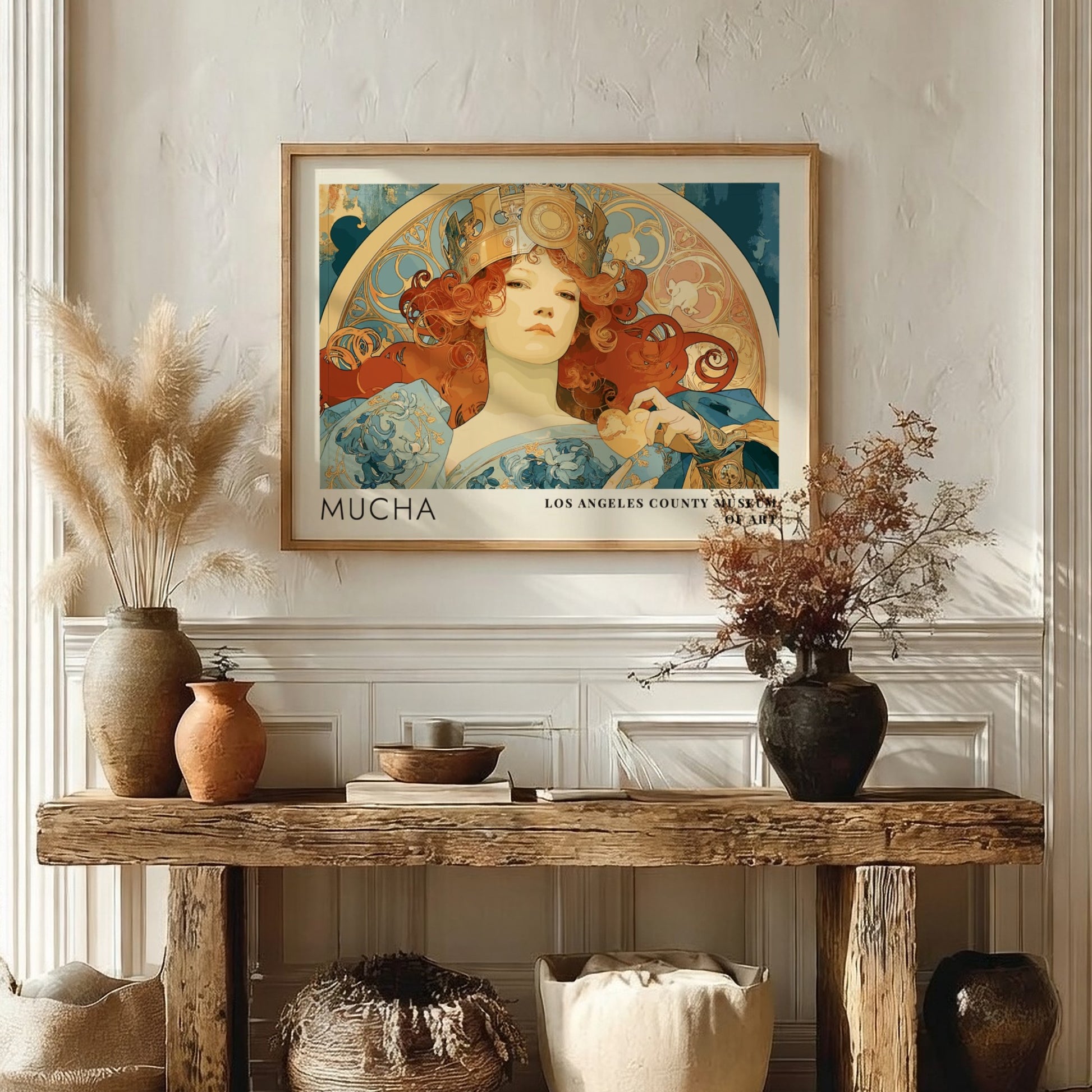 Alphonse Mucha Zodiaque poster featuring a crowned woman in an elegant Art Nouveau style.