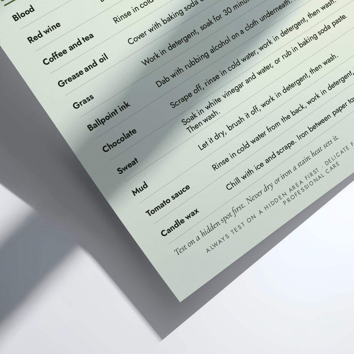 A printed stain removal guide with a pale pink background, featuring a list of common stains and instructions for treating them, headed by the text 'STAIN REMOVAL'.