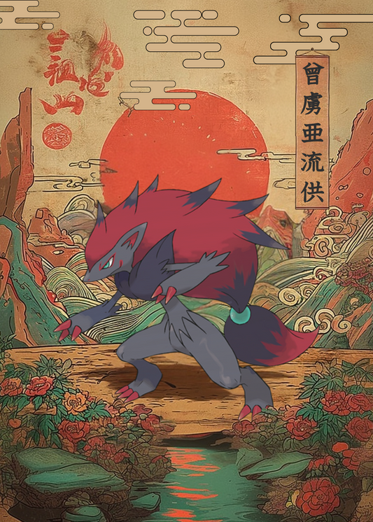 Zoroark Pokemon in a stylized, possibly Japanese, artistic setting with a large red sun and traditional elements.