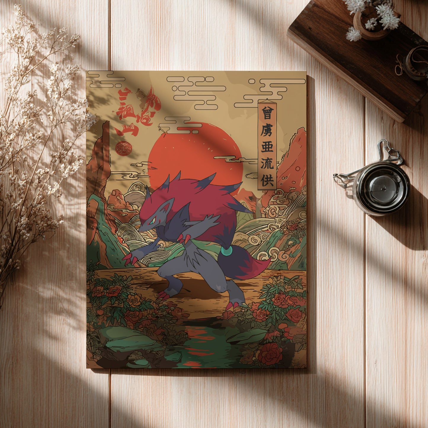 Decorative poster with a colorful Zoroark Pokemon design on a wooden surface