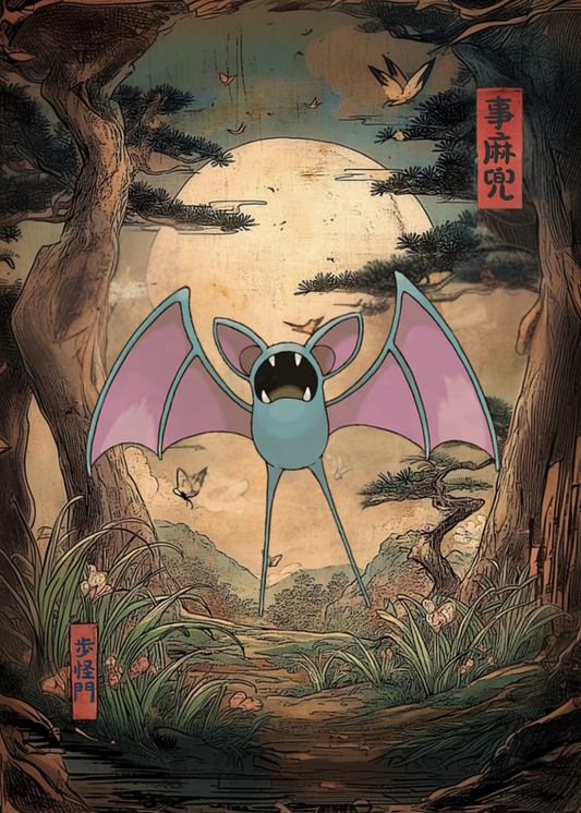 Zubat Pokemon character in a stylized Japanese landscape with moon and trees.