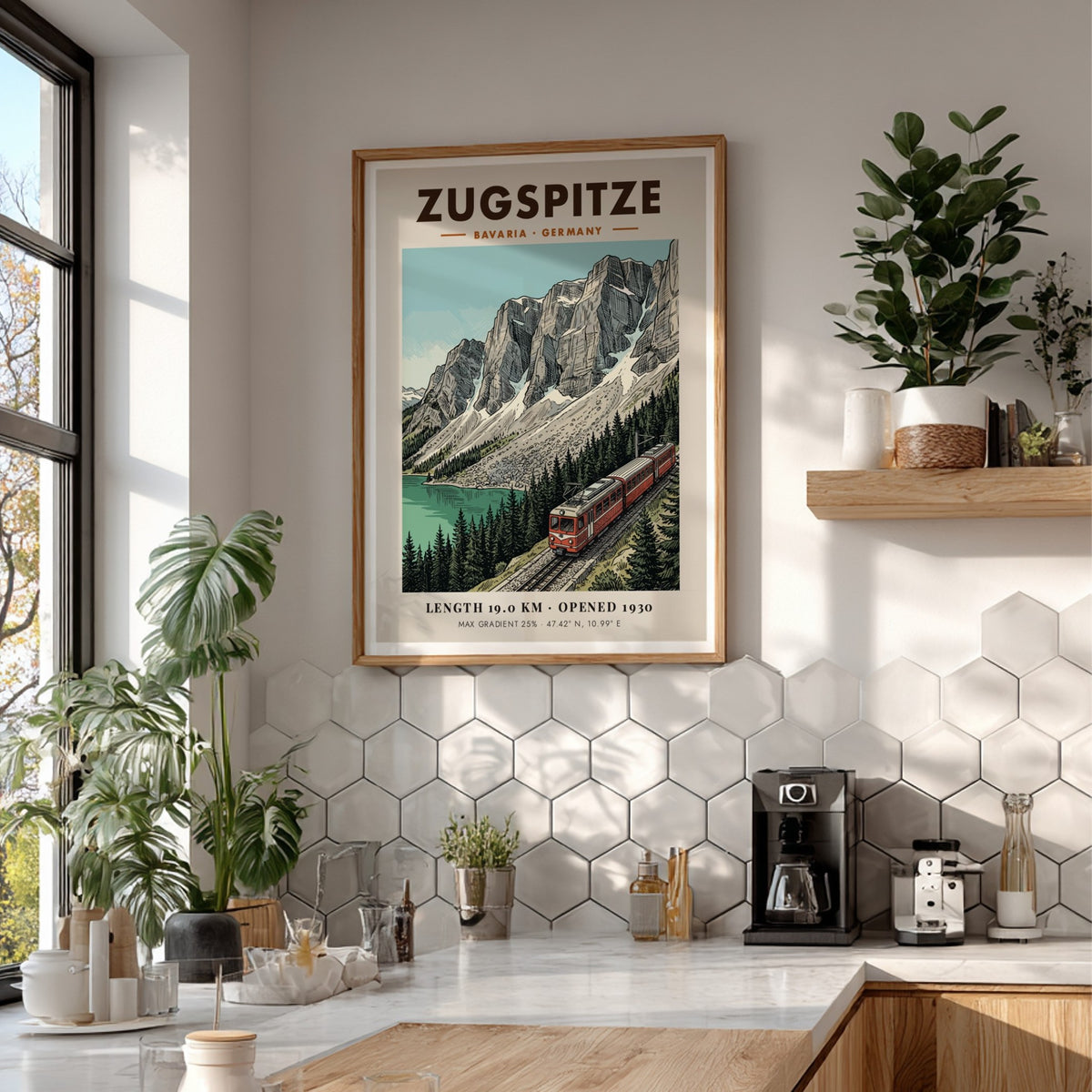 Poster of the Zugspitze railway winding through the Bavarian Alps near a lake