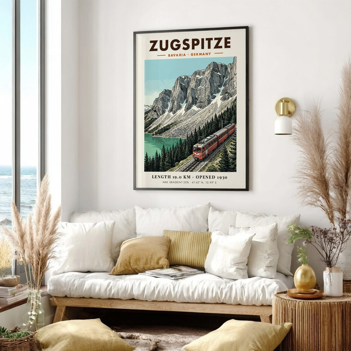 Poster of the Zugspitze railway winding through the Bavarian Alps near a lake