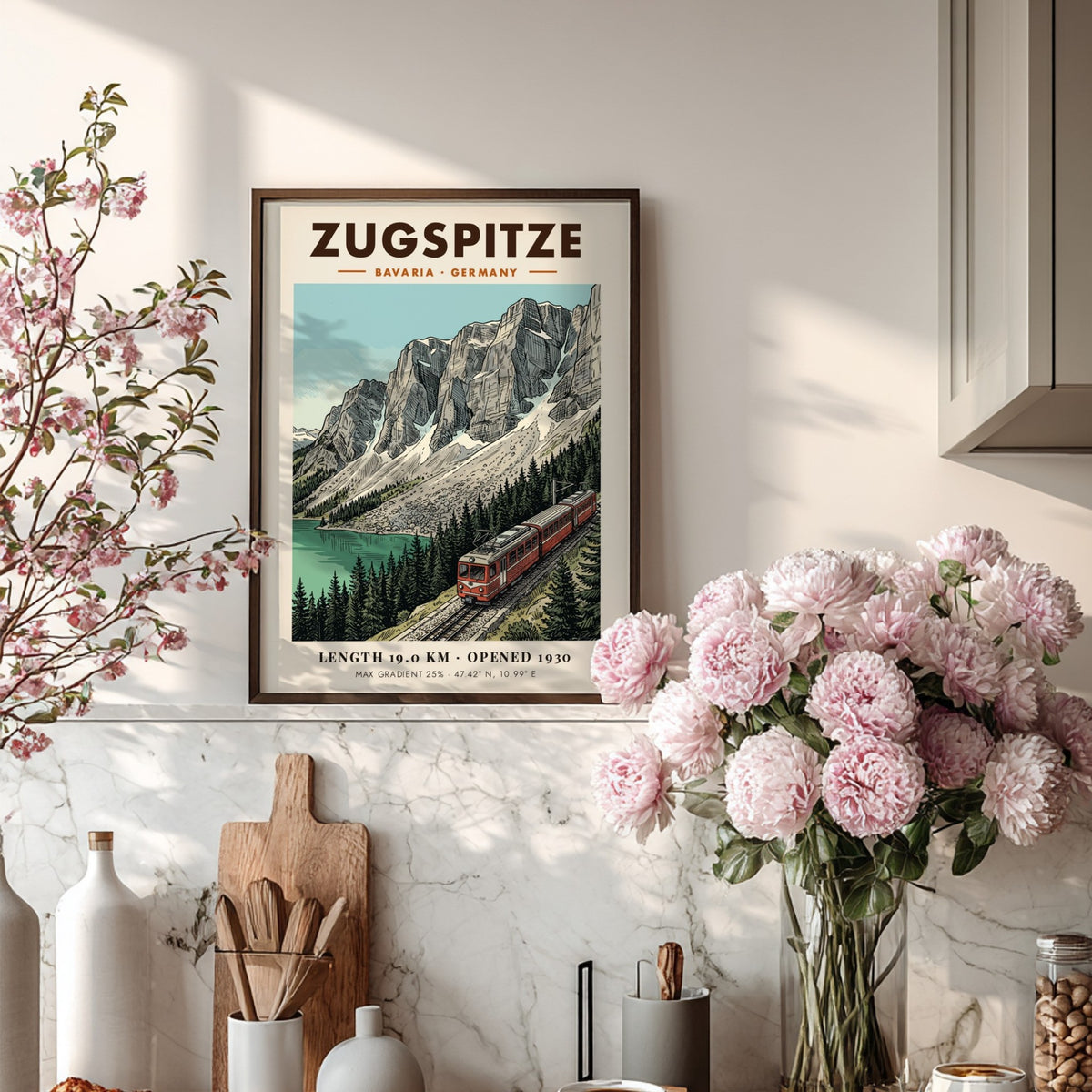 Poster of the Zugspitze railway winding through the Bavarian Alps near a lake