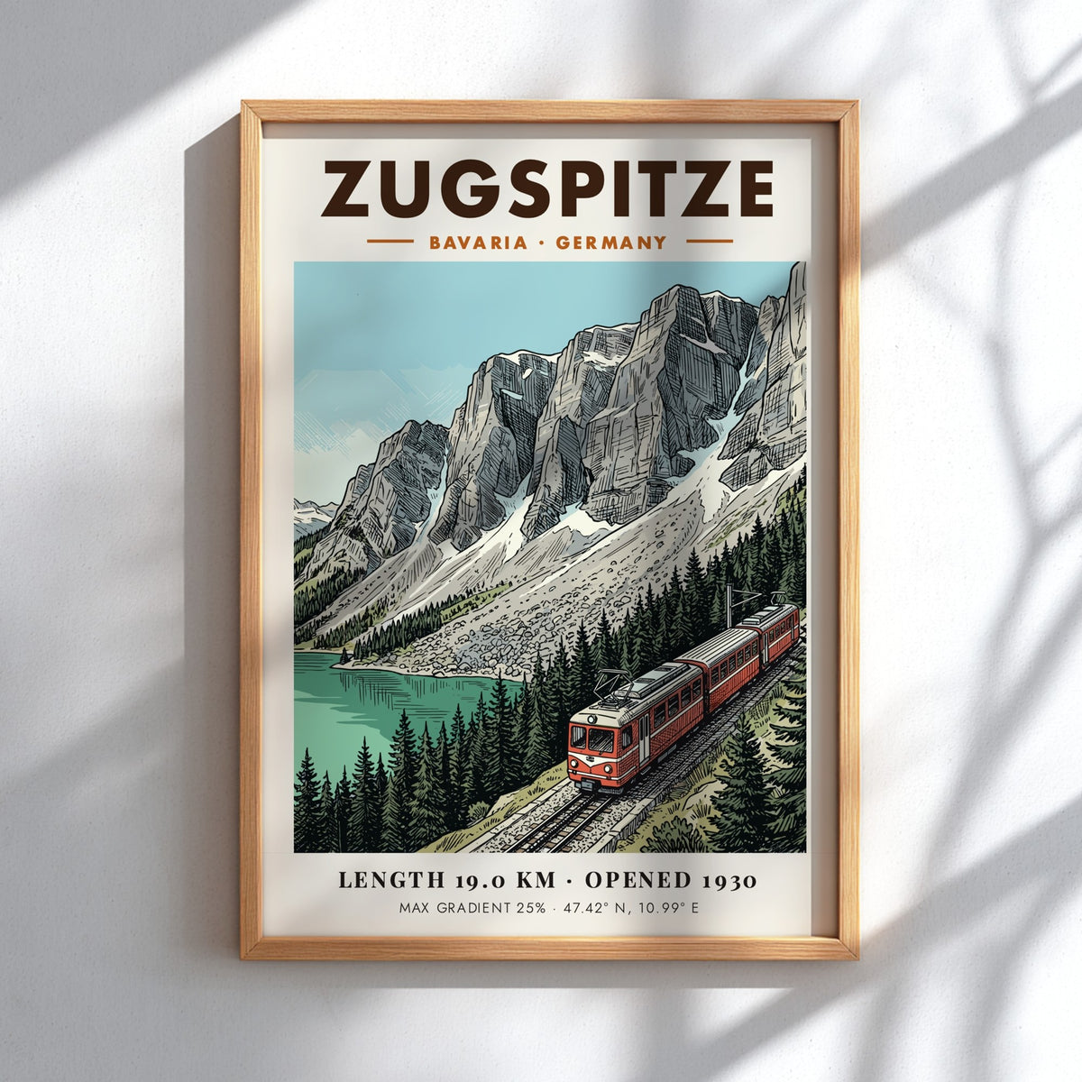 Poster of the Zugspitze railway winding through the Bavarian Alps near a lake