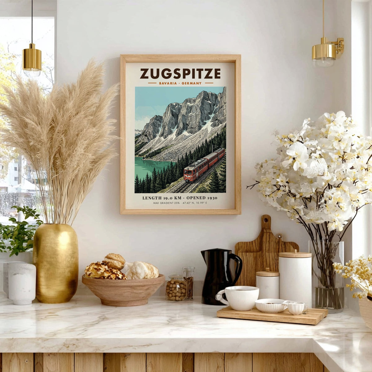 Poster of the Zugspitze railway winding through the Bavarian Alps near a lake
