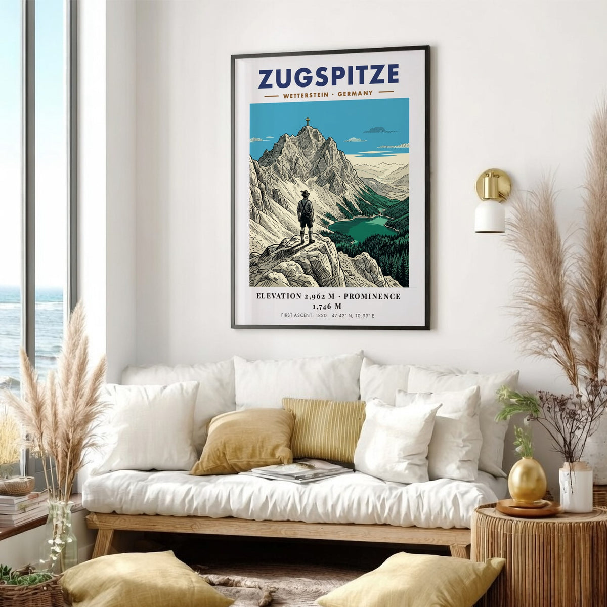 Poster of the Zugspitze mountain with a hiker looking at the scenic alpine lake.