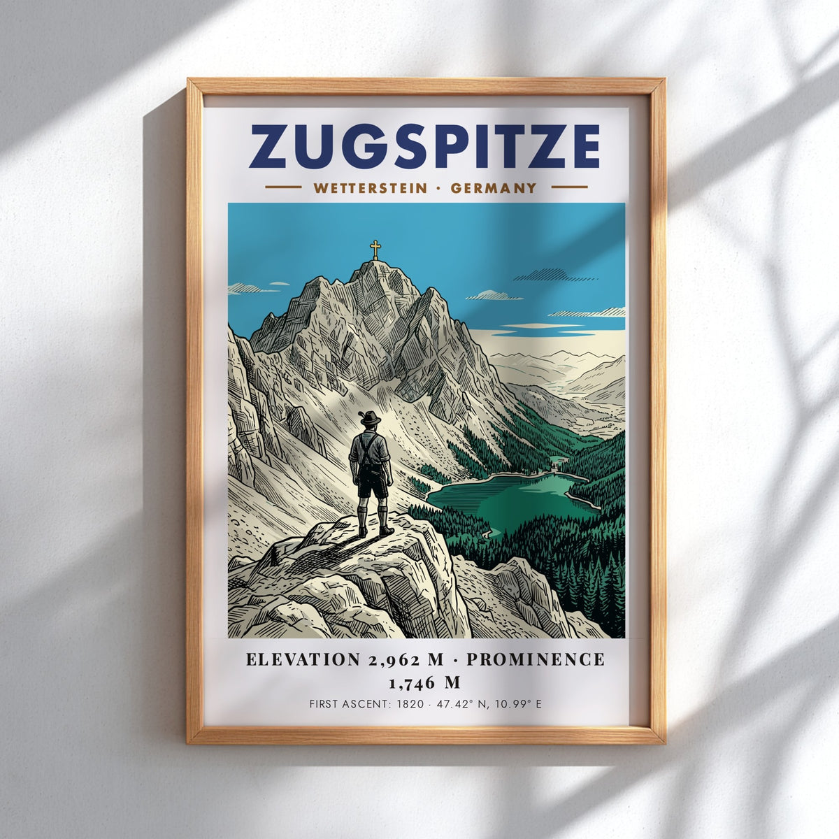 Poster of the Zugspitze mountain with a hiker looking at the scenic alpine lake.