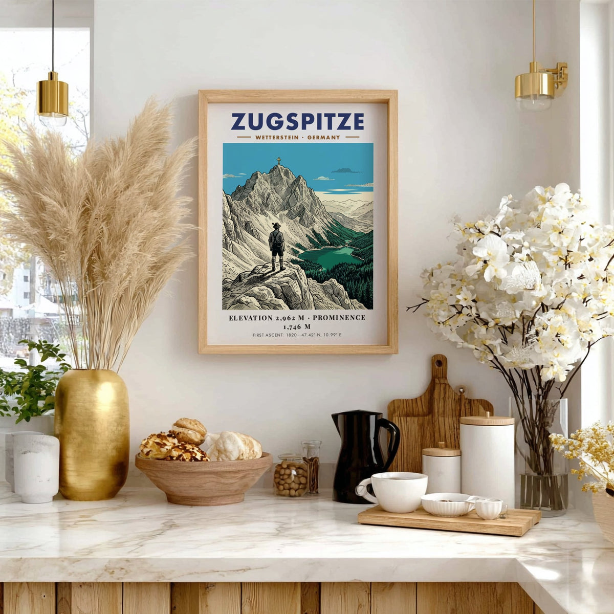 Poster of the Zugspitze mountain with a hiker looking at the scenic alpine lake.
