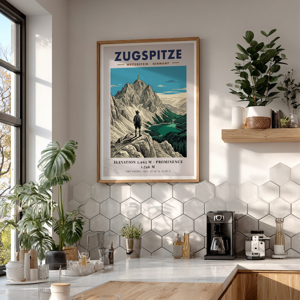 Poster of the Zugspitze mountain with a hiker looking at the scenic alpine lake.