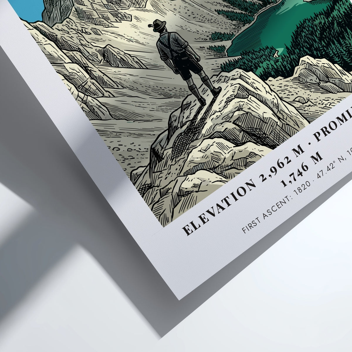 Poster of the Zugspitze mountain with a hiker looking at the scenic alpine lake.