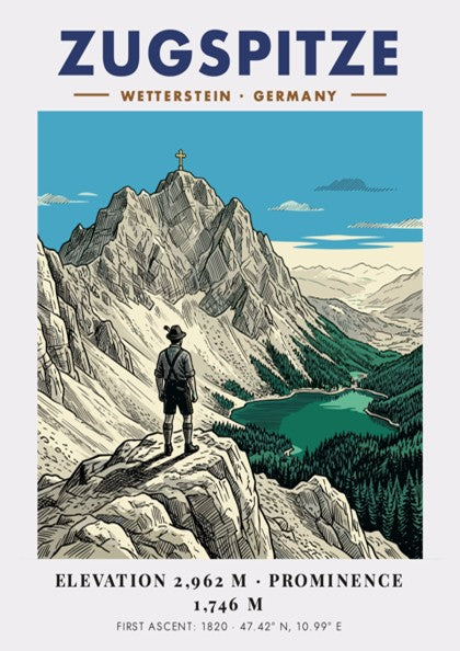 Poster of the Zugspitze mountain with a hiker looking at the scenic alpine lake.