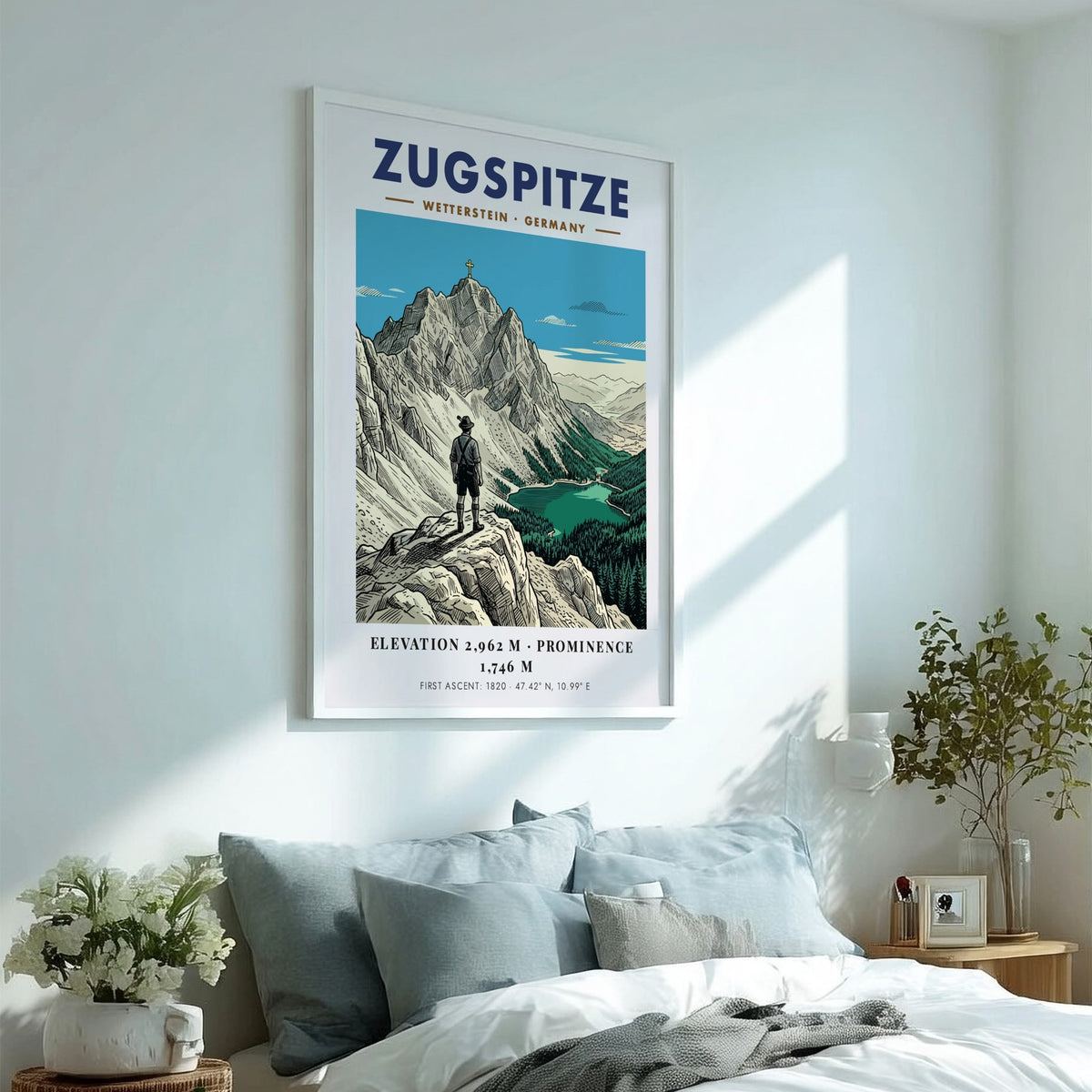 Poster of the Zugspitze mountain with a hiker looking at the scenic alpine lake.