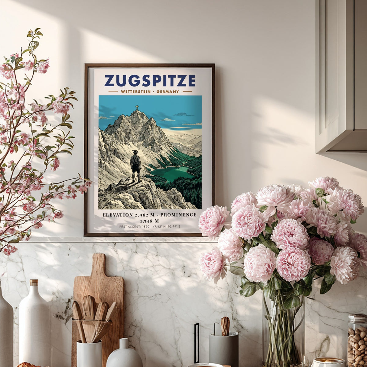 Poster of the Zugspitze mountain with a hiker looking at the scenic alpine lake.