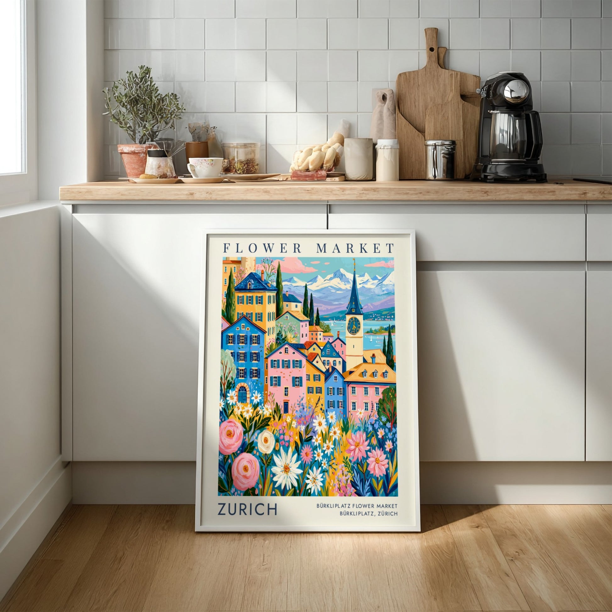 Vibrant travel poster featuring Zurich's flower market and colorful cities