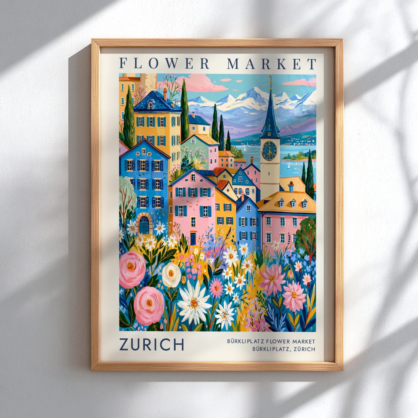 Vibrant travel poster featuring Zurich's flower market and colorful cities