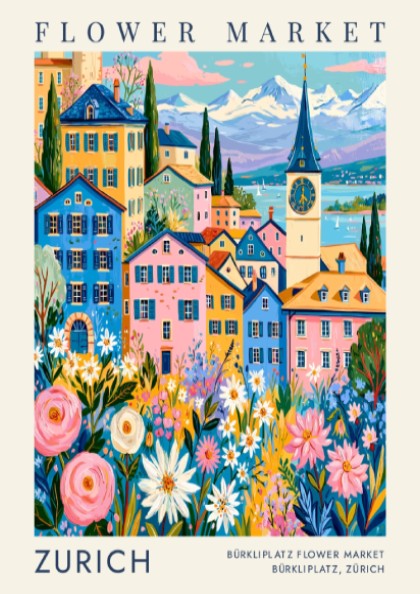 Vibrant travel poster featuring Zurich's flower market and colorful cities