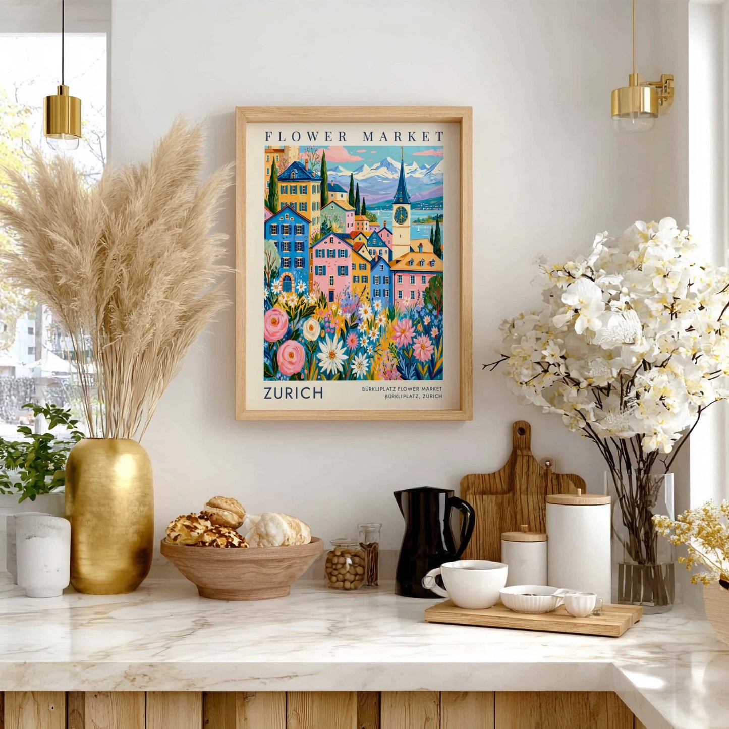 Vibrant travel poster featuring Zurich's flower market and colorful cities