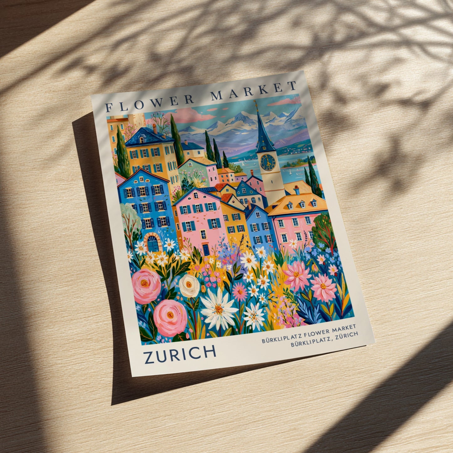 Vibrant travel poster featuring Zurich's flower market and colorful cities