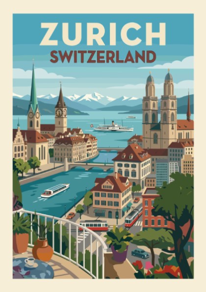 Vintage Zurich Switzerland travel poster featuring city skyline, river, and mountains in a stylized art style.