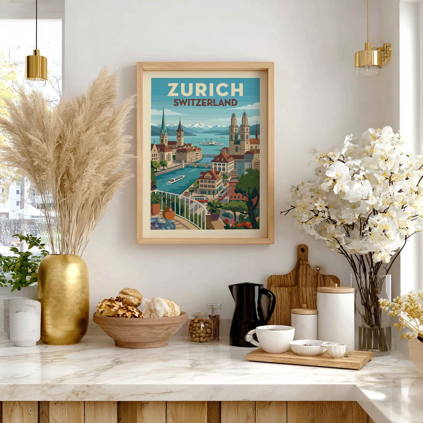 Vintage Zurich Switzerland travel poster featuring city skyline, river, and mountains in a stylized art style.
