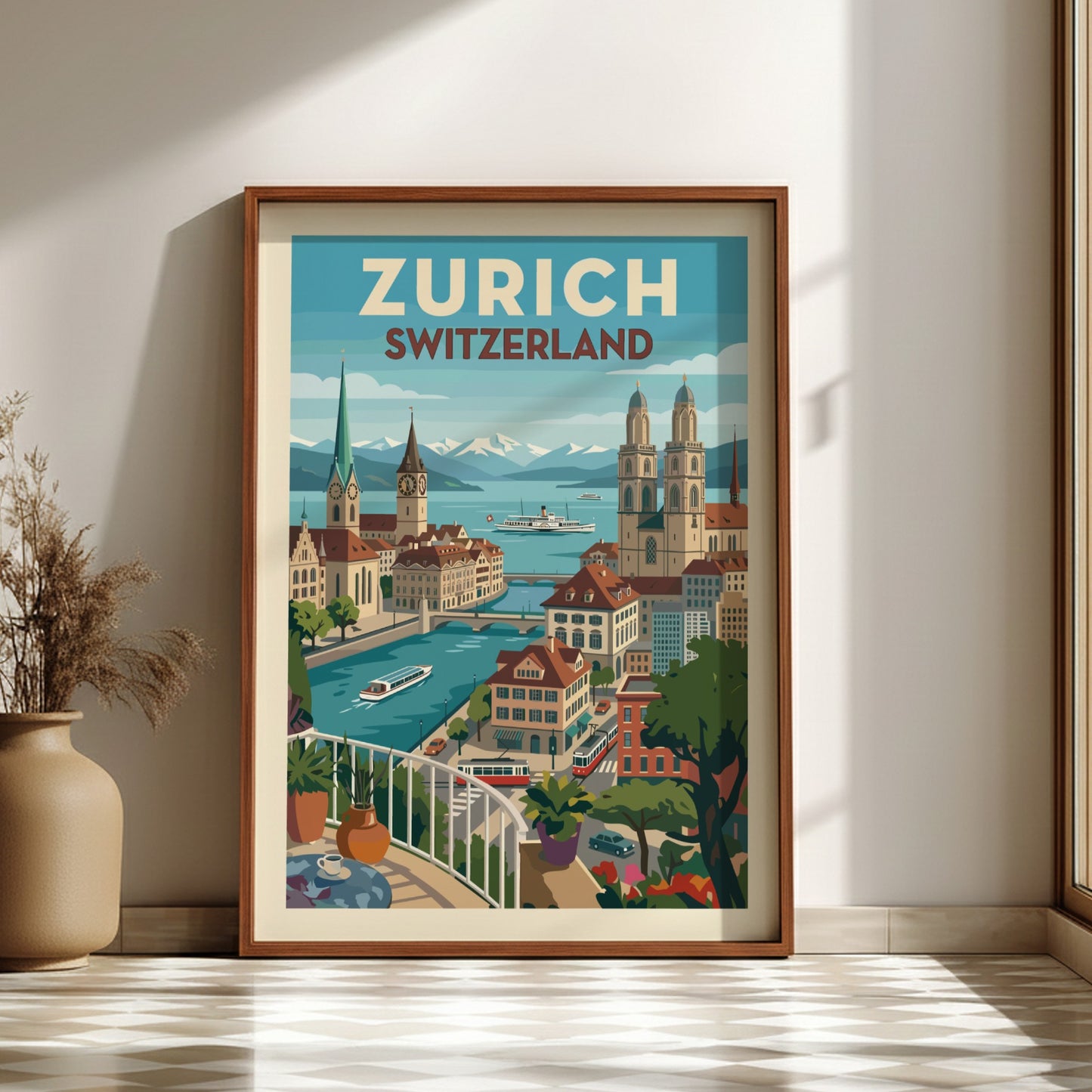 Vintage Zurich Switzerland travel poster featuring city skyline, river, and mountains in a stylized art style.