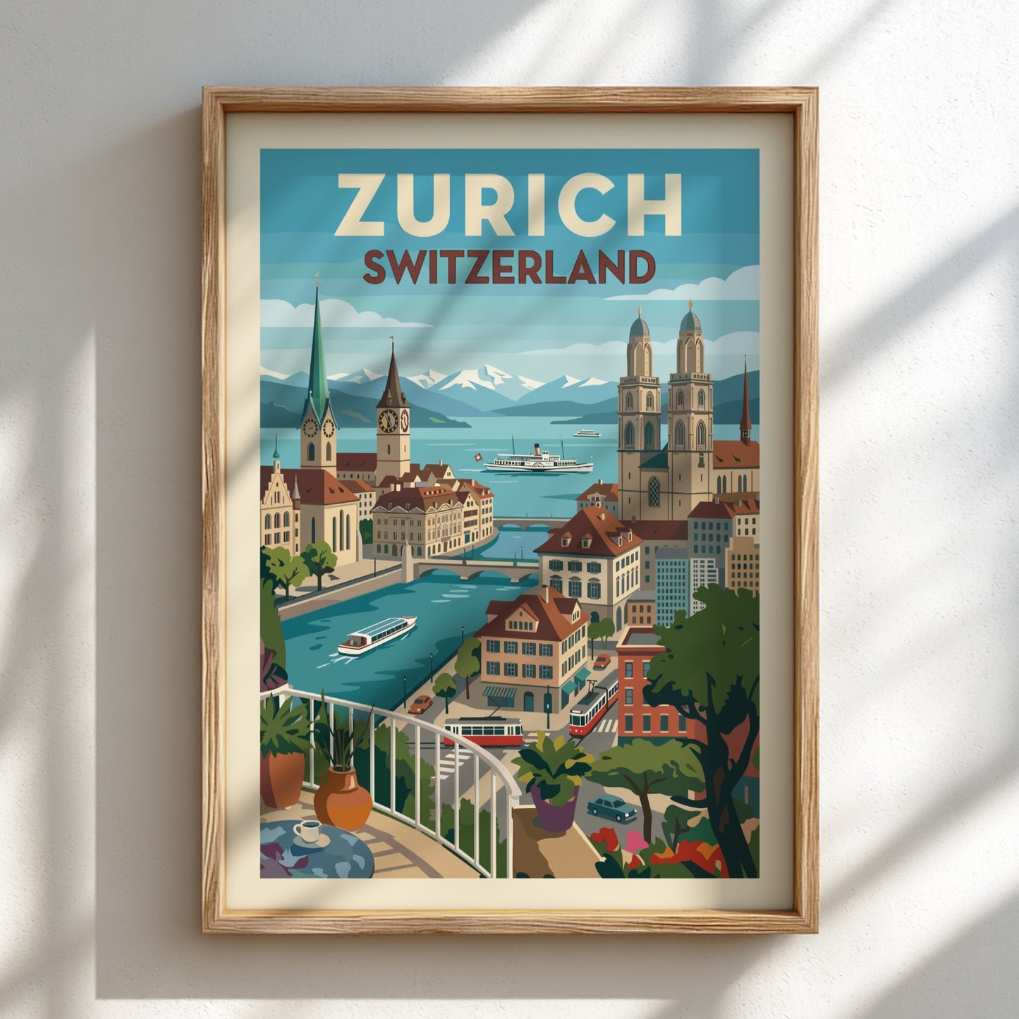 Vintage Zurich Switzerland travel poster featuring city skyline, river, and mountains in a stylized art style.