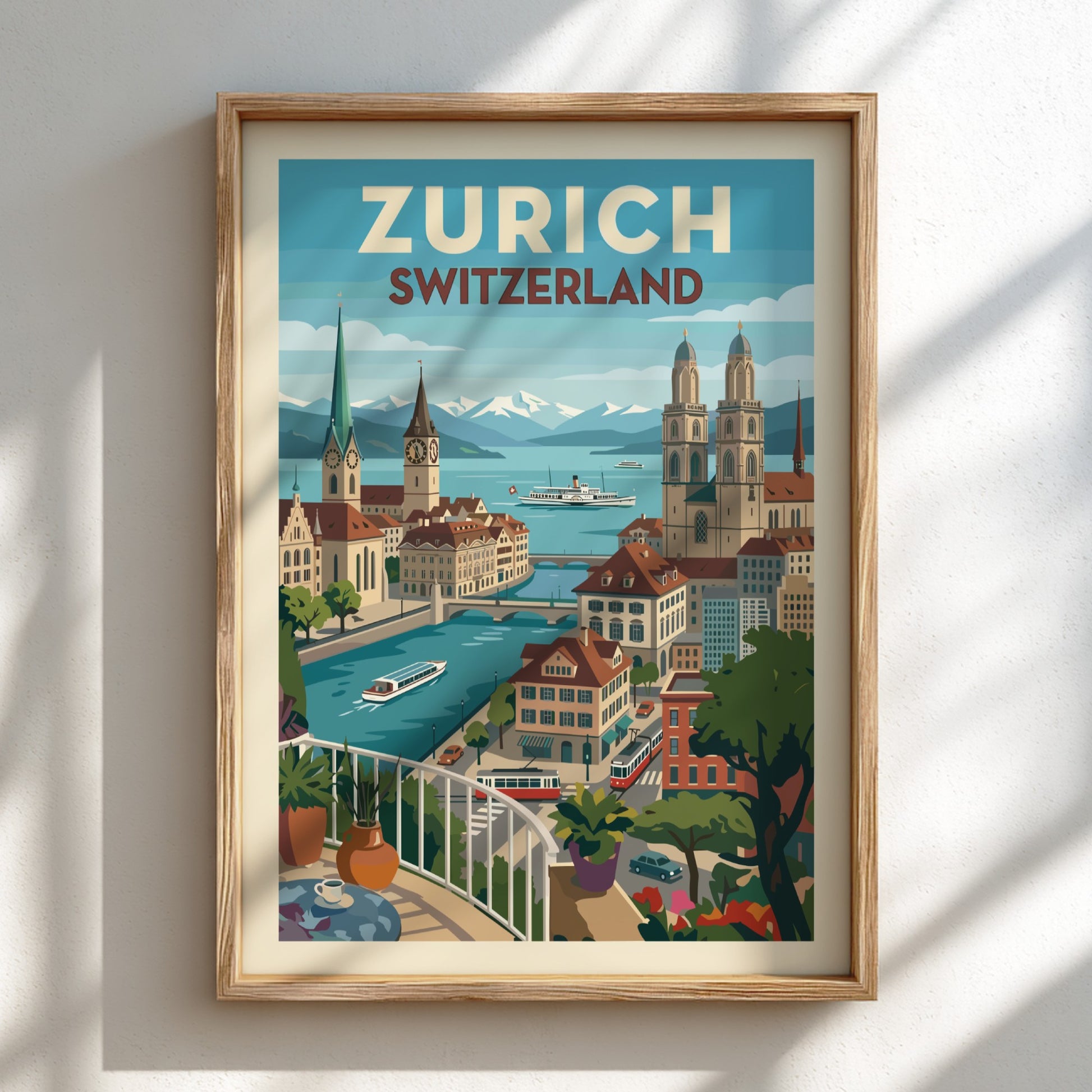 Vintage Zurich Switzerland travel poster featuring city skyline, river, and mountains in a stylized art style.