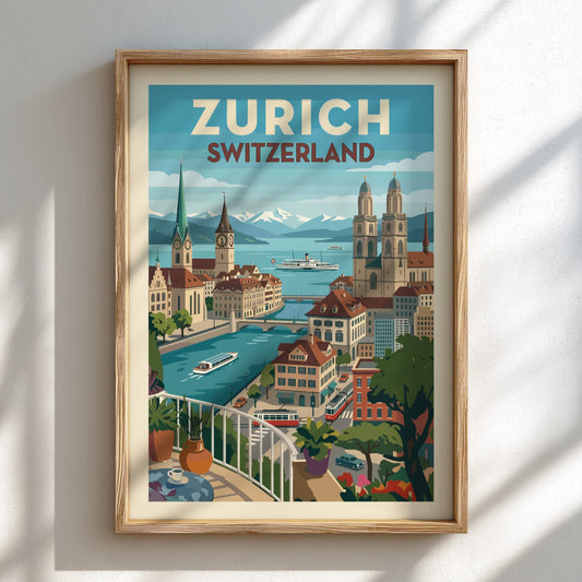 Vintage Zurich Switzerland travel poster featuring city skyline, river, and mountains in a stylized art style.