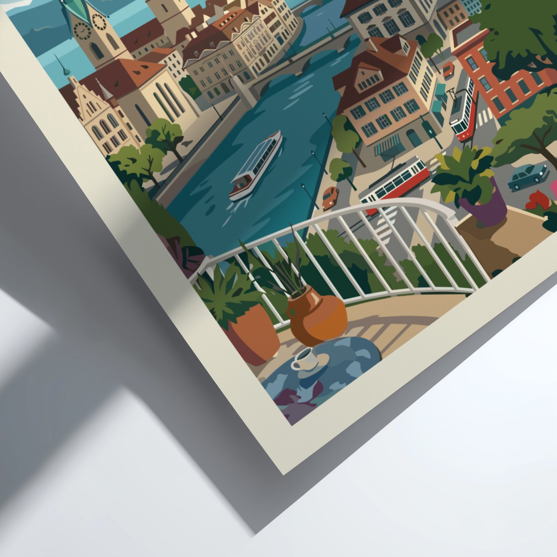 Vintage Zurich Switzerland travel poster featuring city skyline, river, and mountains in a stylized art style.