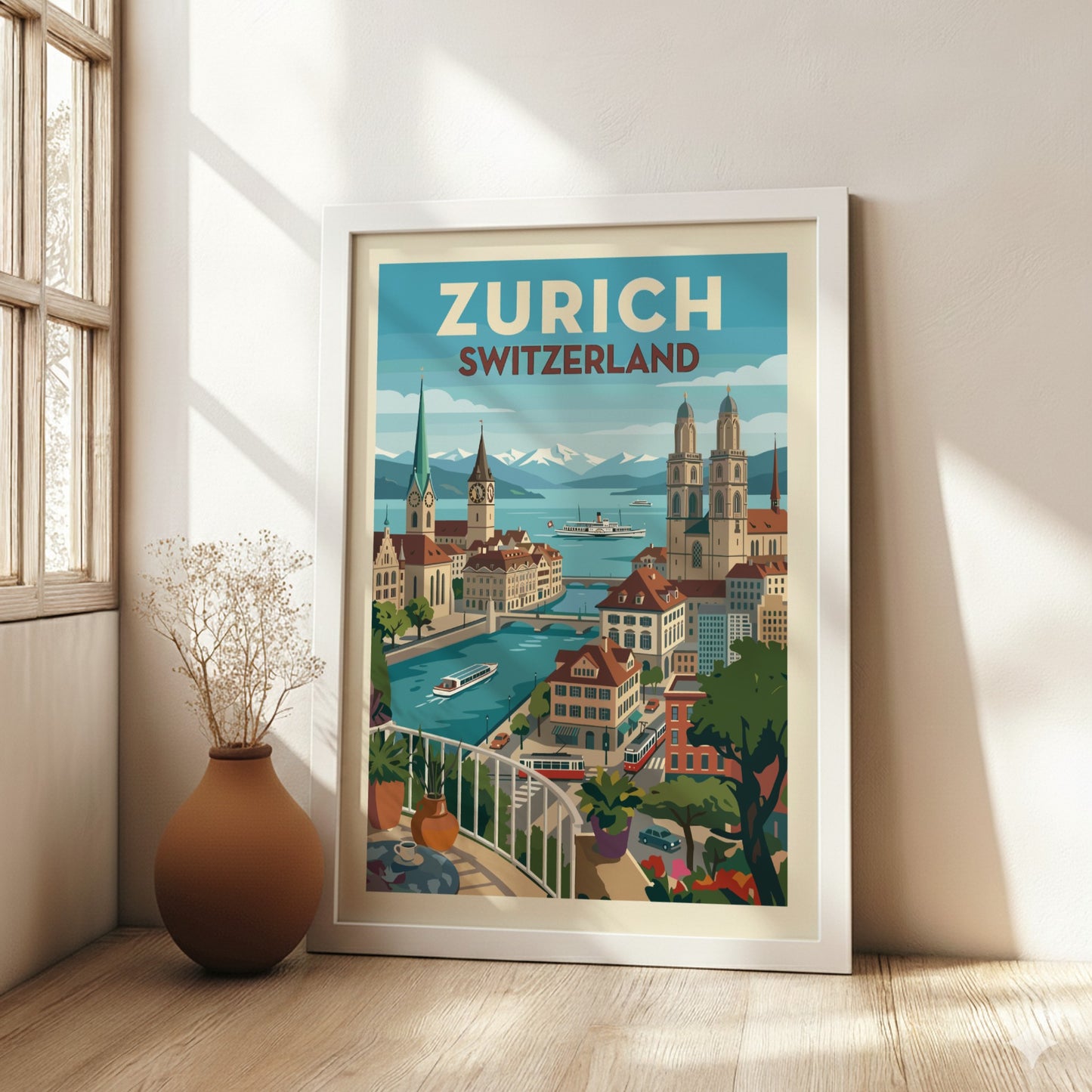 Vintage Zurich Switzerland travel poster featuring city skyline, river, and mountains in a stylized art style.